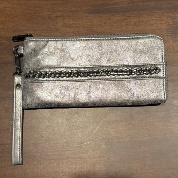 Vegan Metallic Silver Wristlet Wallet Chain Detail & Multiple Compartments - Picture 1 of 10